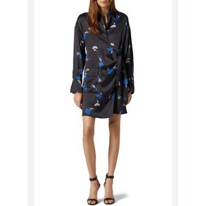 Equipment Women's Black Floral Satin Wrap Tie Waist Shirt Dress Sz S Boho Chic